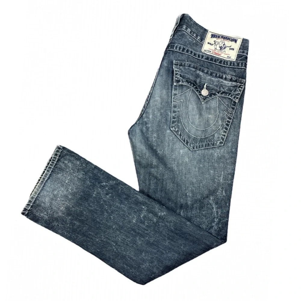 True Religion Jeans Mens 33 Straight Fit Flap Pocket Medium Acid Wash Blue Denim